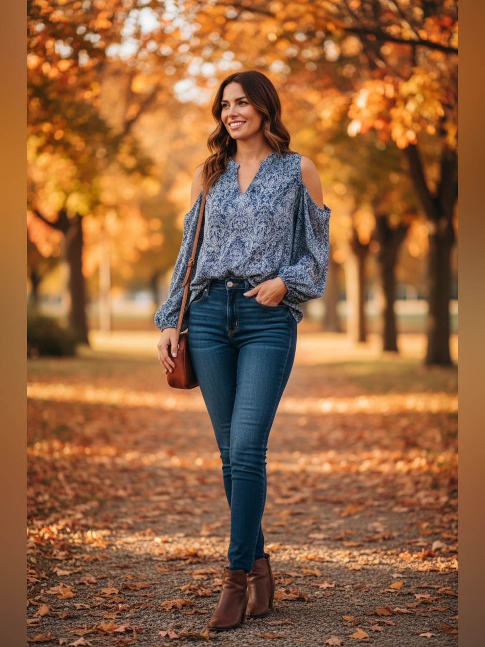 Women's Blue Cold-Shoulder Printed Blouse